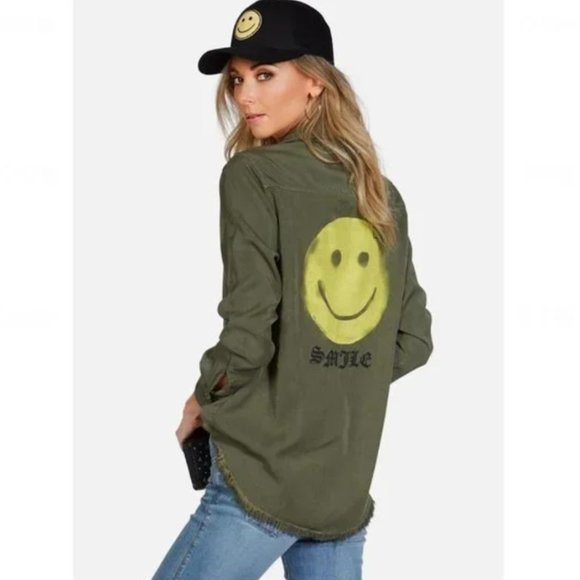 Lauren Moshi Military Green Sloane Spray Happyface Button Up Shirt XS Blouse - Picture 1 of 8